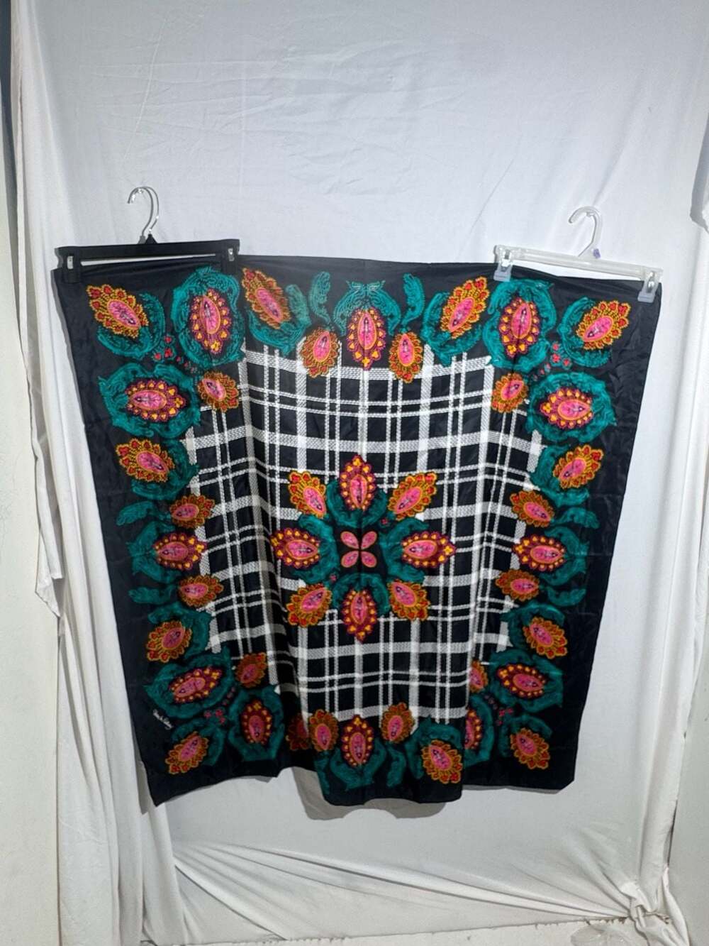 Diane Von Furstenberg Vintage Paisley Scarf Womens Black Teal Plaid Silk Neck Wr - Picture 5 of 5